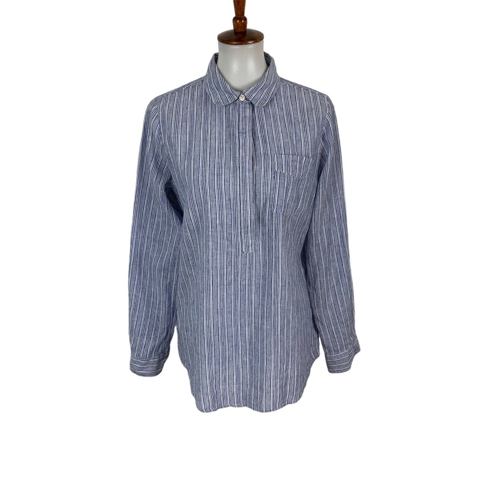 Per Se Blue Linen Blend Long Sleeve Top Medium Lightweight Popover